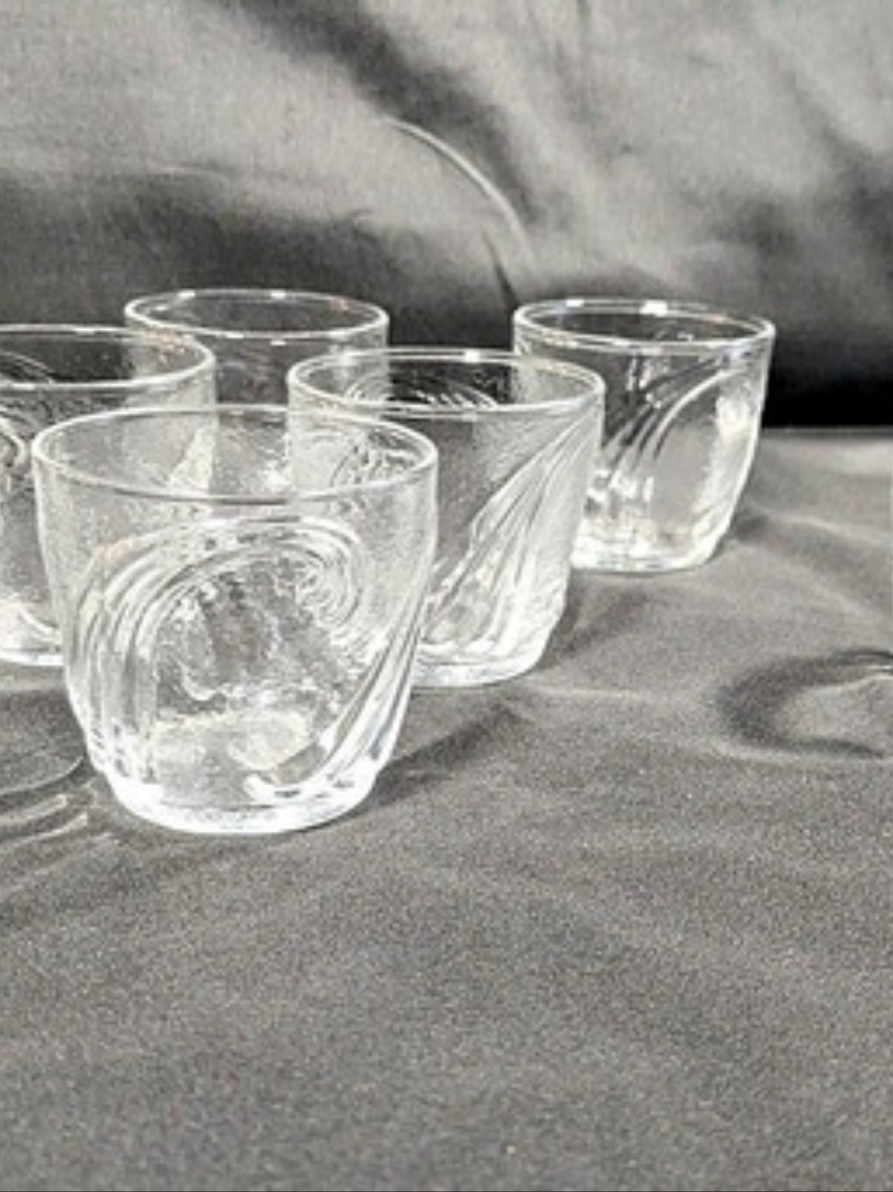 Vintage Embossed Wave Swirl Clear Glass Lowball Glasses - Set of 6 + 1 Bonus
